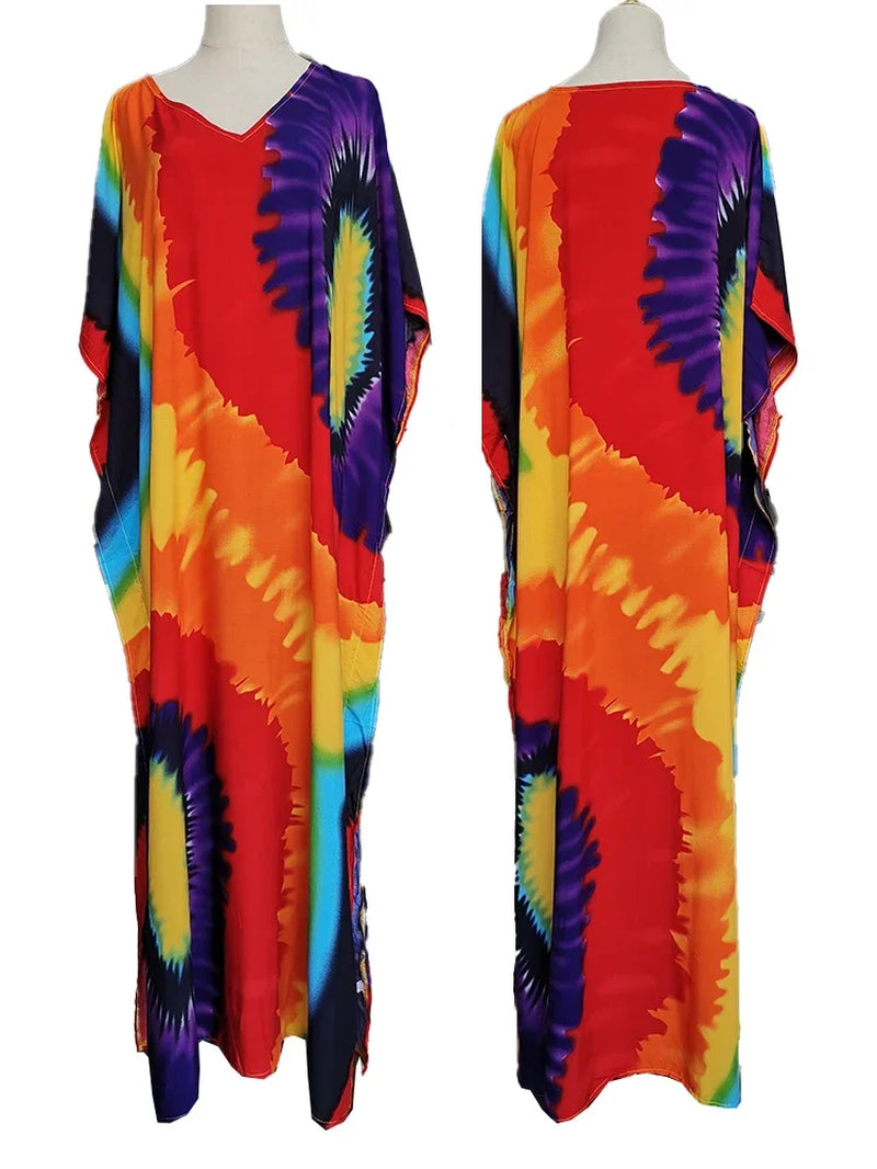 New Cover-Up Bohemian Dress Print Multicolor Beach Style Kaftan Swimsuit Cover up Maxi Dress Robe De Plage 2024 Tunic for Beach