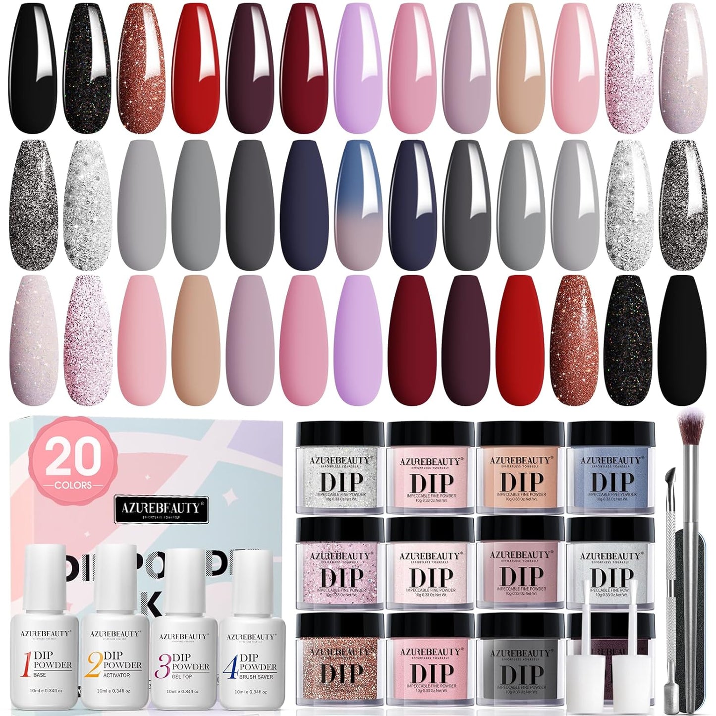Dip Powder Nail Kit Starter, 20 Colors Glitter Pink Red Black Nude Acrylic Dipping Powder Liquid Set with Base & Top Coat Activator for French Nails Art Manicure DIY Gift for Women