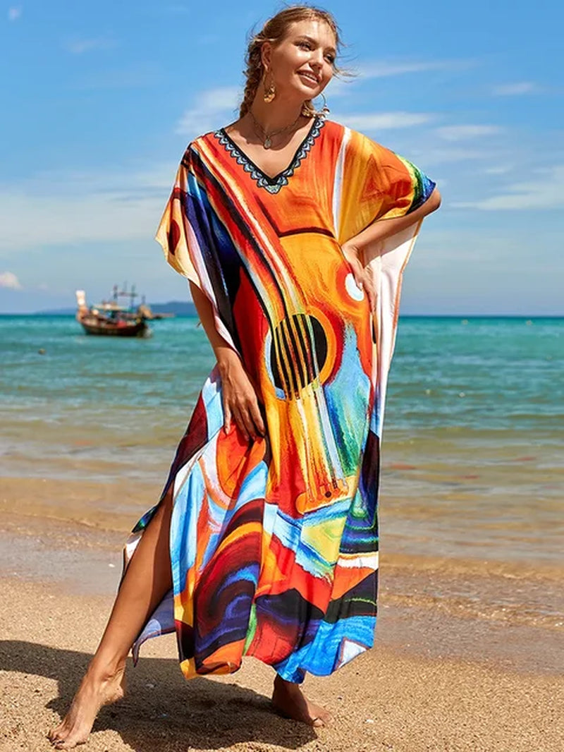 New Cover-Up Bohemian Dress Print Multicolor Beach Style Kaftan Swimsuit Cover up Maxi Dress Robe De Plage 2024 Tunic for Beach