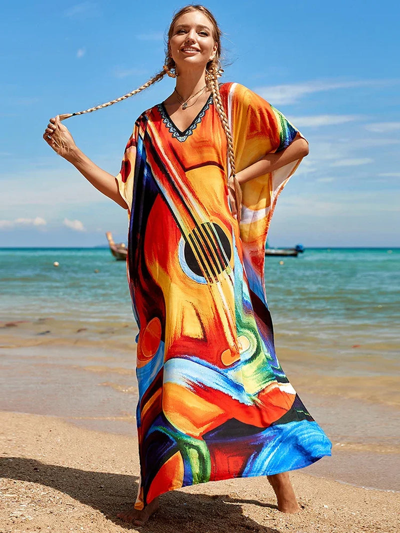 New Cover-Up Bohemian Dress Print Multicolor Beach Style Kaftan Swimsuit Cover up Maxi Dress Robe De Plage 2024 Tunic for Beach