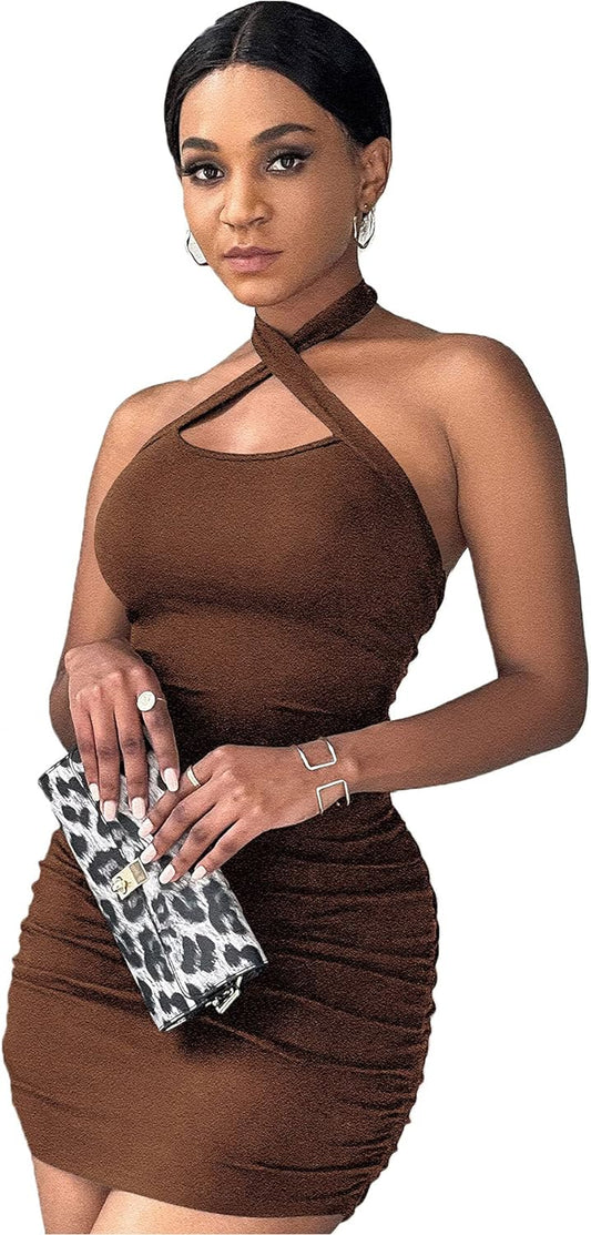 Women'S Crisscross Sleeveless Bodycon Ruched Halter Pencil Mini Dress Coffee Brown Small