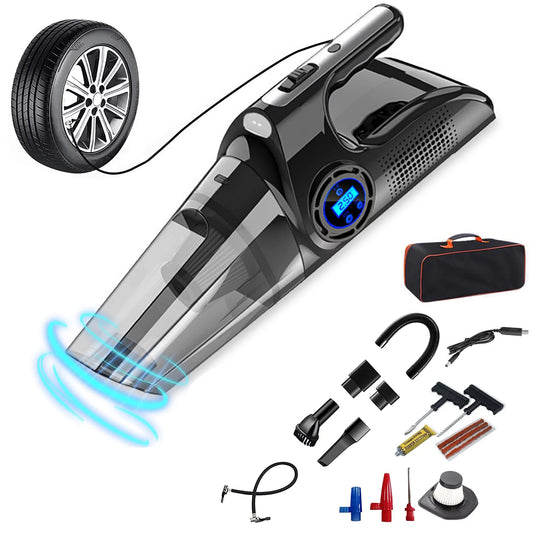 Portable Car Vacuum Cleaner, USB Charging Wireless Handheld Tire Inflator Air Compressor with Digital Tire Pressure Gauge LCD Display and LED Light, HEPA Filter, Tire Repair Tool