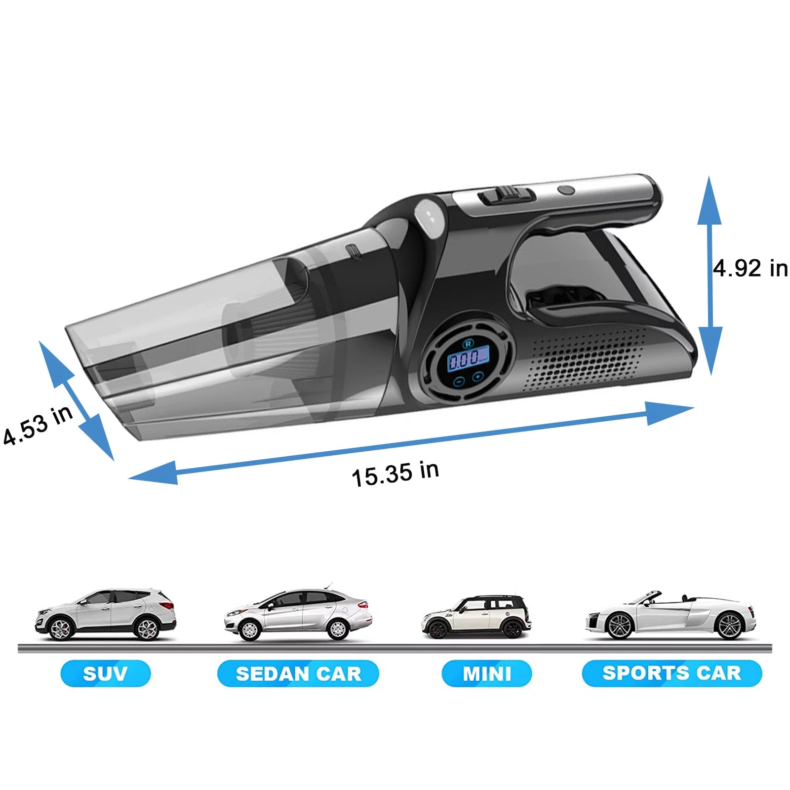 Portable Car Vacuum Cleaner, USB Charging Wireless Handheld Tire Inflator Air Compressor with Digital Tire Pressure Gauge LCD Display and LED Light, HEPA Filter, Tire Repair Tool