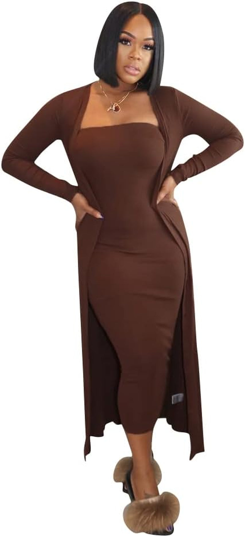 Two Piece for Women Sexy off the Shoulder Bodycon Midi Dresses with Long Cardigan Jackets Coffee