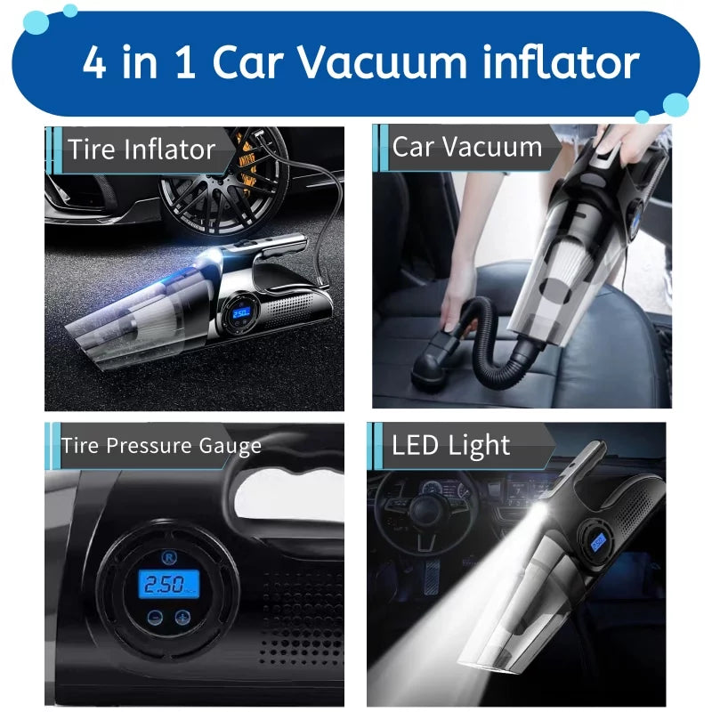 Portable Car Vacuum Cleaner, USB Charging Wireless Handheld Tire Inflator Air Compressor with Digital Tire Pressure Gauge LCD Display and LED Light, HEPA Filter, Tire Repair Tool