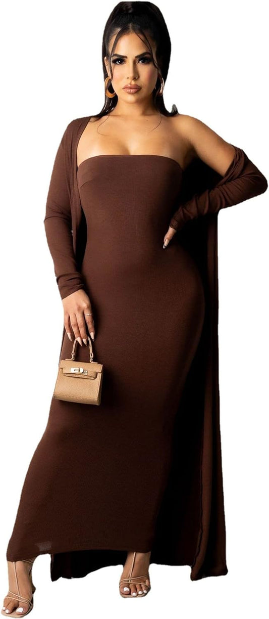 Two Piece for Women Sexy off the Shoulder Bodycon Midi Dresses with Long Cardigan Jackets Coffee